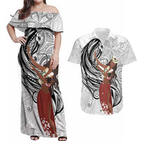 Tahiti Islands Polynesian Plumeria Couples Matching Off Shoulder Maxi Dress and Hawaiian Shirt Tahitian Vahine 'Ote'a - White LT7 White - Polynesian Pride