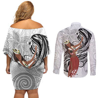 Tahiti Islands Polynesian Plumeria Couples Matching Off Shoulder Short Dress and Long Sleeve Button Shirt Tahitian Vahine 'Ote'a - White LT7 - Polynesian Pride