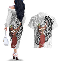 Tahiti Islands Polynesian Plumeria Couples Matching Off The Shoulder Long Sleeve Dress and Hawaiian Shirt Tahitian Vahine 'Ote'a - White LT7 - Polynesian Pride