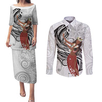 Tahiti Islands Polynesian Plumeria Couples Matching Puletasi and Long Sleeve Button Shirt Tahitian Vahine 'Ote'a - White LT7 White - Polynesian Pride