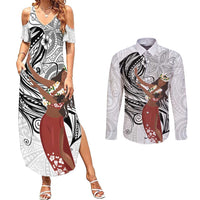 Tahiti Islands Polynesian Plumeria Couples Matching Summer Maxi Dress and Long Sleeve Button Shirt Tahitian Vahine 'Ote'a - White LT7 White - Polynesian Pride