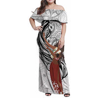 Tahiti Islands Polynesian Plumeria Family Matching Off Shoulder Maxi Dress and Hawaiian Shirt Tahitian Vahine 'Ote'a - White LT7 Mom's Dress White - Polynesian Pride