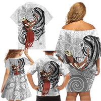 Tahiti Islands Polynesian Plumeria Family Matching Off Shoulder Short Dress and Hawaiian Shirt Tahitian Vahine 'Ote'a - White LT7 - Polynesian Pride