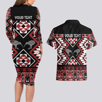 Personalised Taniko Motifs Aotearoa Couples Matching Long Sleeve Bodycon Dress and Hawaiian Shirt Waitangi Kowhaiwhai Kiwi LT7 - Polynesian Pride