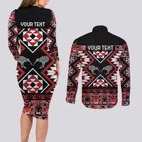 Personalised Taniko Motifs Aotearoa Couples Matching Long Sleeve Bodycon Dress and Long Sleeve Button Shirt Waitangi Kowhaiwhai Kiwi LT7 - Polynesian Pride