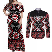 Personalised Taniko Motifs Aotearoa Couples Matching Off Shoulder Maxi Dress and Long Sleeve Button Shirt Waitangi Kowhaiwhai Kiwi LT7 Red - Polynesian Pride