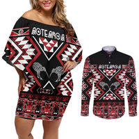 Personalised Taniko Motifs Aotearoa Couples Matching Off Shoulder Short Dress and Long Sleeve Button Shirt Waitangi Kowhaiwhai Kiwi LT7 Red - Polynesian Pride