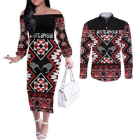 Personalised Taniko Motifs Aotearoa Couples Matching Off The Shoulder Long Sleeve Dress and Long Sleeve Button Shirt Waitangi Kowhaiwhai Kiwi LT7 Red - Polynesian Pride