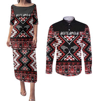 Personalised Taniko Motifs Aotearoa Couples Matching Puletasi and Long Sleeve Button Shirt Waitangi Kowhaiwhai Kiwi LT7 Red - Polynesian Pride