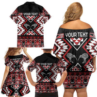 Personalised Taniko Motifs Aotearoa Family Matching Off Shoulder Short Dress and Hawaiian Shirt Waitangi Kowhaiwhai Kiwi LT7 - Polynesian Pride