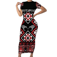 Personalised Taniko Motifs Aotearoa Family Matching Short Sleeve Bodycon Dress and Hawaiian Shirt Waitangi Kowhaiwhai Kiwi LT7 Mom's Dress Red - Polynesian Pride