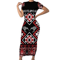 Personalised Taniko Motifs Aotearoa Short Sleeve Bodycon Dress Waitangi Kowhaiwhai Kiwi LT7 Long Dress Red - Polynesian Pride