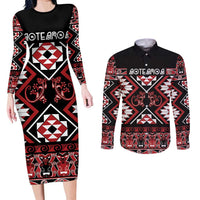 Personalised Aotearoa Waitangi Couples Matching Long Sleeve Bodycon Dress and Long Sleeve Button Shirt Taniko Motifs - Mania Gecko LT7 Red - Polynesian Pride