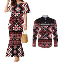 Personalised Aotearoa Waitangi Couples Matching Mermaid Dress and Long Sleeve Button Shirt Taniko Motifs - Mania Gecko LT7 Red - Polynesian Pride