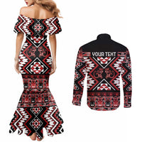 Personalised Aotearoa Waitangi Couples Matching Mermaid Dress and Long Sleeve Button Shirt Taniko Motifs - Mania Gecko LT7 - Polynesian Pride