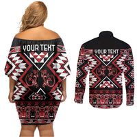 Personalised Aotearoa Waitangi Couples Matching Off Shoulder Short Dress and Long Sleeve Button Shirt Taniko Motifs - Mania Gecko LT7 - Polynesian Pride