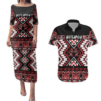 Personalised Aotearoa Waitangi Couples Matching Puletasi and Hawaiian Shirt Taniko Motifs - Mania Gecko LT7 Red - Polynesian Pride