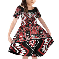Personalised Aotearoa Waitangi Family Matching Off Shoulder Short Dress and Hawaiian Shirt Taniko Motifs - Mania Gecko LT7 Daughter's Dress Red - Polynesian Pride