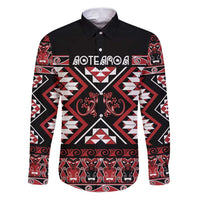 Personalised Aotearoa Waitangi Family Matching Puletasi and Hawaiian Shirt Taniko Motifs - Mania Gecko LT7 Dad's Shirt - Long Sleeve Red - Polynesian Pride