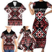 Personalised Aotearoa Waitangi Family Matching Short Sleeve Bodycon Dress and Hawaiian Shirt Taniko Motifs - Mania Gecko LT7 - Polynesian Pride
