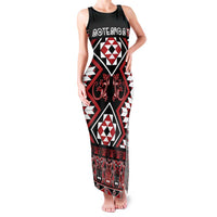 Personalised Aotearoa Waitangi Family Matching Tank Maxi Dress and Hawaiian Shirt Taniko Motifs - Mania Gecko LT7 Mom's Dress Red - Polynesian Pride