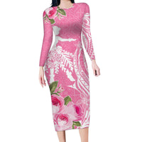 Personalised Hawaii Wahine Family Matching Long Sleeve Bodycon Dress and Hawaiian Shirt Women's Day Maui Lokelani Roses LT7 Mom's Dress Pink - Polynesian Pride