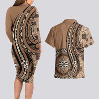 Personalized Tonga Ngatu Couples Matching Long Sleeve Bodycon Dress and Hawaiian Shirt Vintage Brown Manulua Motifs LT7 - Polynesian Pride