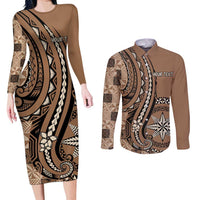 Personalized Tonga Ngatu Couples Matching Long Sleeve Bodycon Dress and Long Sleeve Button Shirt Vintage Brown Manulua Motifs LT7 Brown - Polynesian Pride