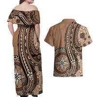 Personalized Tonga Ngatu Couples Matching Off Shoulder Maxi Dress and Hawaiian Shirt Vintage Brown Manulua Motifs LT7 - Polynesian Pride