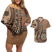 Personalized Tonga Ngatu Couples Matching Off Shoulder Short Dress and Hawaiian Shirt Vintage Brown Manulua Motifs LT7 Brown - Polynesian Pride