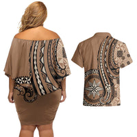 Personalized Tonga Ngatu Couples Matching Off Shoulder Short Dress and Hawaiian Shirt Vintage Brown Manulua Motifs LT7 - Polynesian Pride