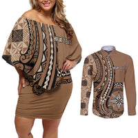 Personalized Tonga Ngatu Couples Matching Off Shoulder Short Dress and Long Sleeve Button Shirt Vintage Brown Manulua Motifs LT7 Brown - Polynesian Pride