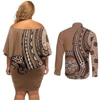 Personalized Tonga Ngatu Couples Matching Off Shoulder Short Dress and Long Sleeve Button Shirt Vintage Brown Manulua Motifs LT7 - Polynesian Pride
