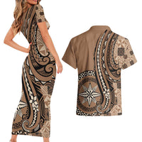 Personalized Tonga Ngatu Couples Matching Short Sleeve Bodycon Dress and Hawaiian Shirt Vintage Brown Manulua Motifs LT7 - Polynesian Pride