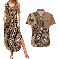 Personalized Tonga Ngatu Couples Matching Summer Maxi Dress and Hawaiian Shirt Vintage Brown Manulua Motifs LT7 Brown - Polynesian Pride