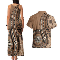 Personalized Tonga Ngatu Couples Matching Tank Maxi Dress and Hawaiian Shirt Vintage Brown Manulua Motifs LT7 - Polynesian Pride