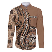 Personalized Tonga Ngatu Family Matching Mermaid Dress and Hawaiian Shirt Vintage Brown Manulua Motifs LT7 Dad's Shirt - Long Sleeve Brown - Polynesian Pride