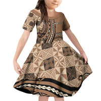 Personalized Tonga Ngatu Family Matching Off Shoulder Short Dress and Hawaiian Shirt Vintage Brown Manulua Motifs LT7 Daughter's Dress Brown - Polynesian Pride