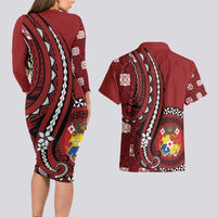 Personalized Tonga Ngatu Couples Matching Long Sleeve Bodycon Dress and Hawaiian Shirt Iconic Red Manulua Motifs LT7 - Polynesian Pride
