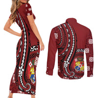 Personalized Tonga Ngatu Couples Matching Short Sleeve Bodycon Dress and Long Sleeve Button Shirt Iconic Red Manulua Motifs LT7 - Polynesian Pride