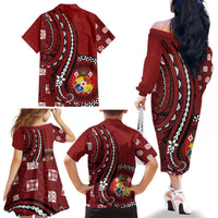 Personalized Tonga Ngatu Family Matching Off The Shoulder Long Sleeve Dress and Hawaiian Shirt Iconic Red Manulua Motifs LT7 - Polynesian Pride