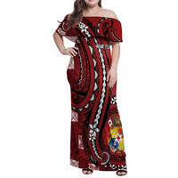 Personalized Tonga Ngatu Family Matching Off Shoulder Maxi Dress and Hawaiian Shirt Iconic Red Manulua Motifs LT7 Mom's Dress Red - Polynesian Pride
