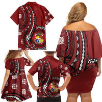 Personalized Tonga Ngatu Family Matching Off Shoulder Short Dress and Hawaiian Shirt Iconic Red Manulua Motifs LT7 - Polynesian Pride
