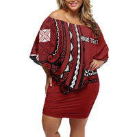 Personalized Tonga Ngatu Family Matching Off Shoulder Short Dress and Hawaiian Shirt Iconic Red Manulua Motifs LT7 Mom's Dress Red - Polynesian Pride