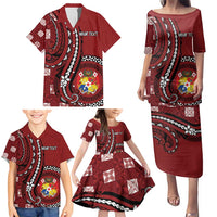 Personalized Tonga Ngatu Family Matching Puletasi and Hawaiian Shirt Iconic Red Manulua Motifs LT7 - Polynesian Pride