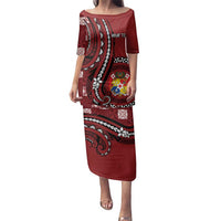 Personalized Tonga Ngatu Family Matching Puletasi and Hawaiian Shirt Iconic Red Manulua Motifs LT7 Mom's Dress Red - Polynesian Pride