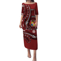 Personalized Tonga Ngatu Puletasi Iconic Red Manulua Motifs