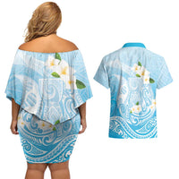Guam Fishhook Mix Guasali Flowers Couples Matching Off Shoulder Short Dress and Hawaiian Shirt Dreaming Turquoise LT7 - Polynesian Pride