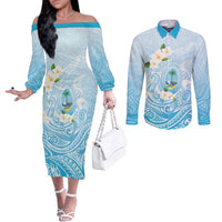 Guam Fishhook Mix Guasali Flowers Couples Matching Off The Shoulder Long Sleeve Dress and Long Sleeve Button Shirt Dreaming Turquoise LT7 Turquoise - Polynesian Pride