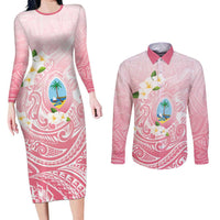 Guam Fishhook Mix Guasali Flowers Couples Matching Long Sleeve Bodycon Dress and Long Sleeve Button Shirt Dreaming Coral LT7 Pink - Polynesian Pride